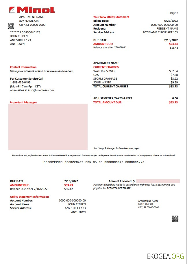 USA Texas Minol utility bill template in Word and PDF format